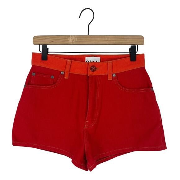 Ganni Colorblock High Rise Denim Shorts in Red/ Orange - Picture 3 of 13
